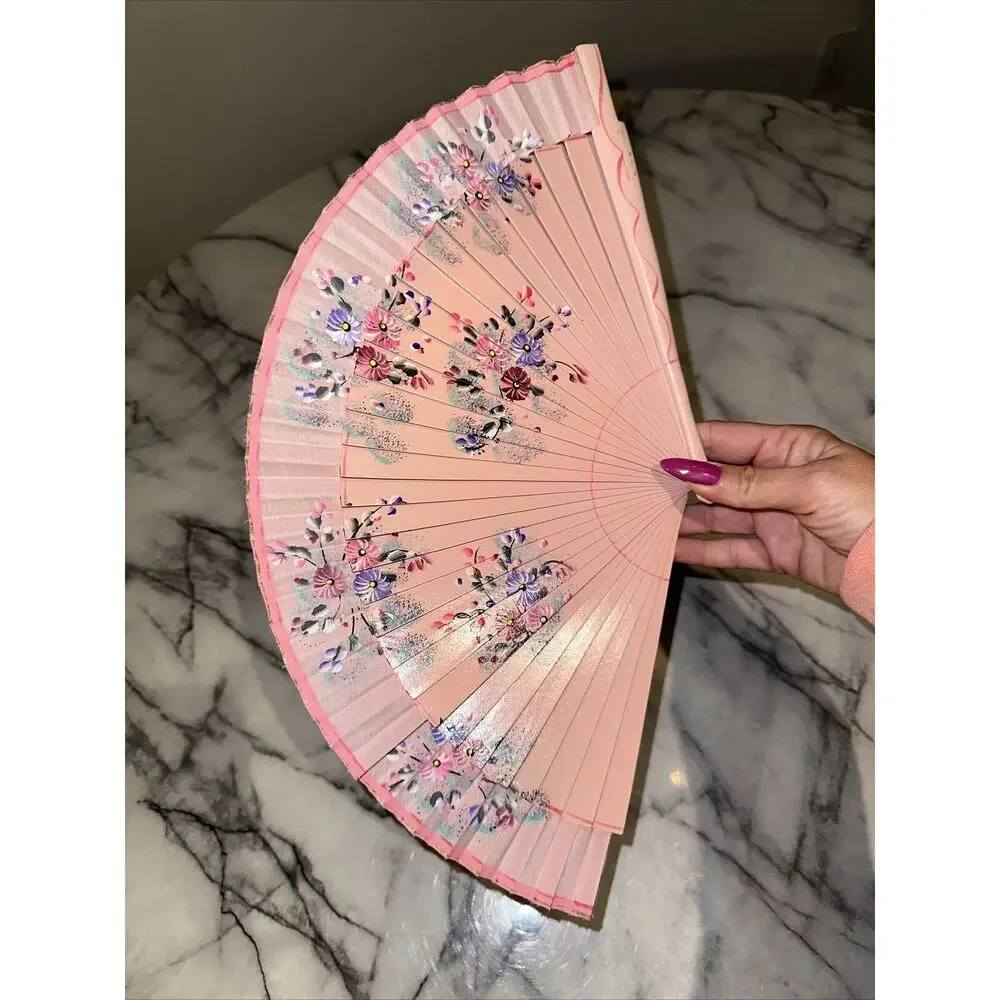 2 Vintage‎ Handpainted Wooden Foldable Hand Fans Pink Purple Flowers 17x9 Asian